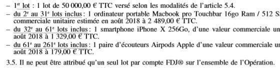Règlement les lots à gagner
