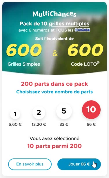 Choix pack MultiChances pour 600 grilles et 600 codes loto