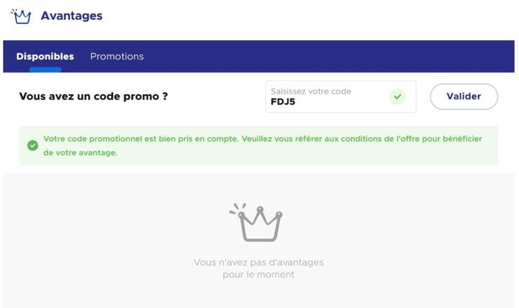 acceptation du code promo FDJ