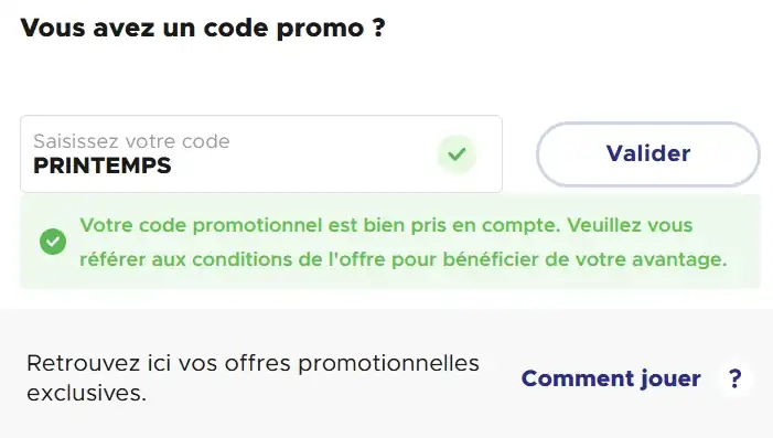 validation du code promo PRINTEMPS