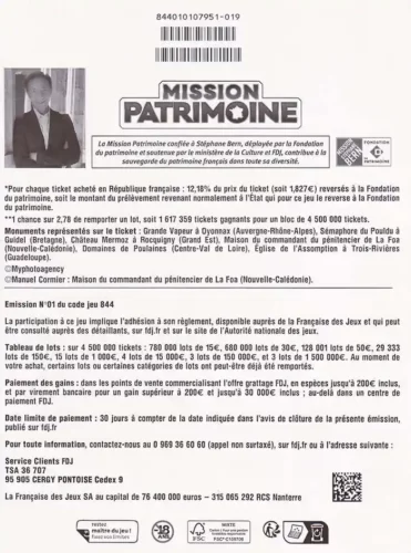 verso du ticket FDJ Mission Patrimoine 2024